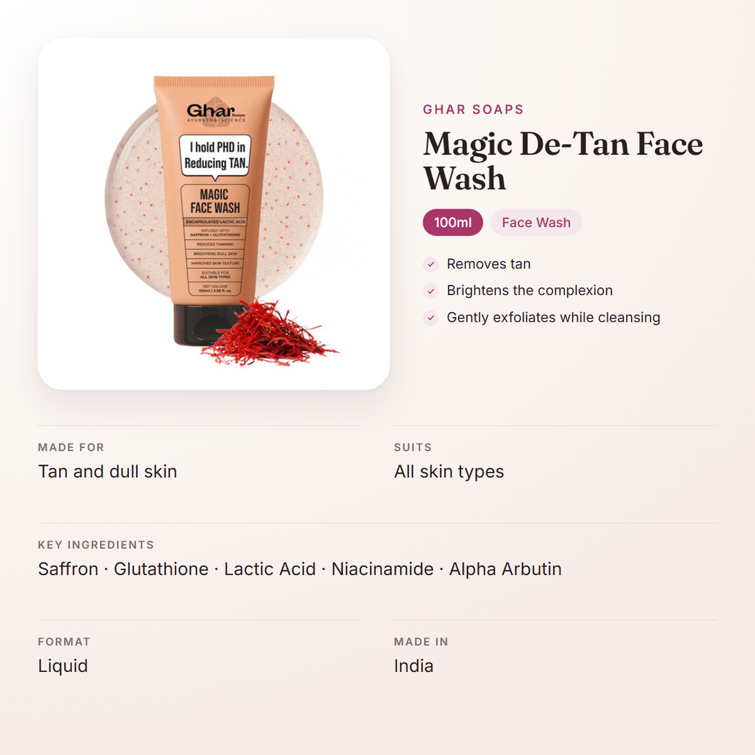 Ghar Soaps Magic De-Tan Face Wash (100ml) – at a glance: what it is for, who it suits and key ingredients