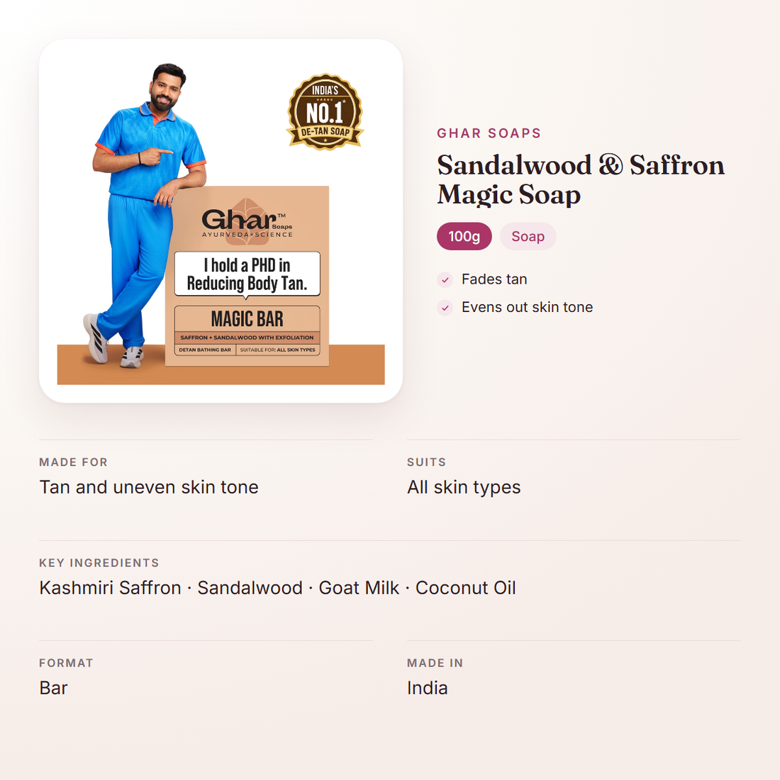 Ghar Soaps Sandalwood & Saffron Magic Soap (100g) – at a glance: what it is for, who it suits and key ingredients