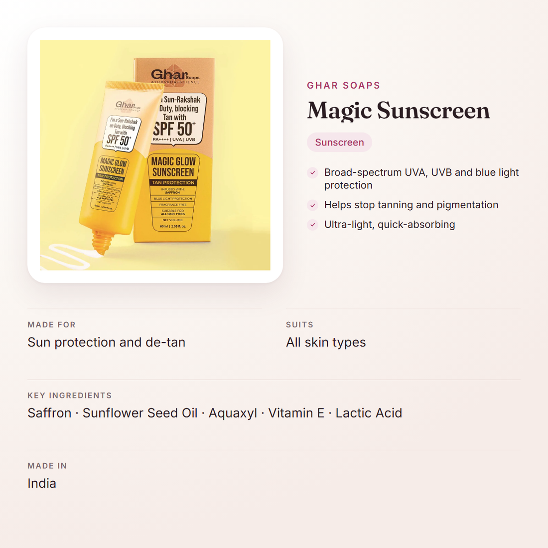 Ghar Soaps Magic Sunscreen – at a glance: what it is for, who it suits and key ingredients