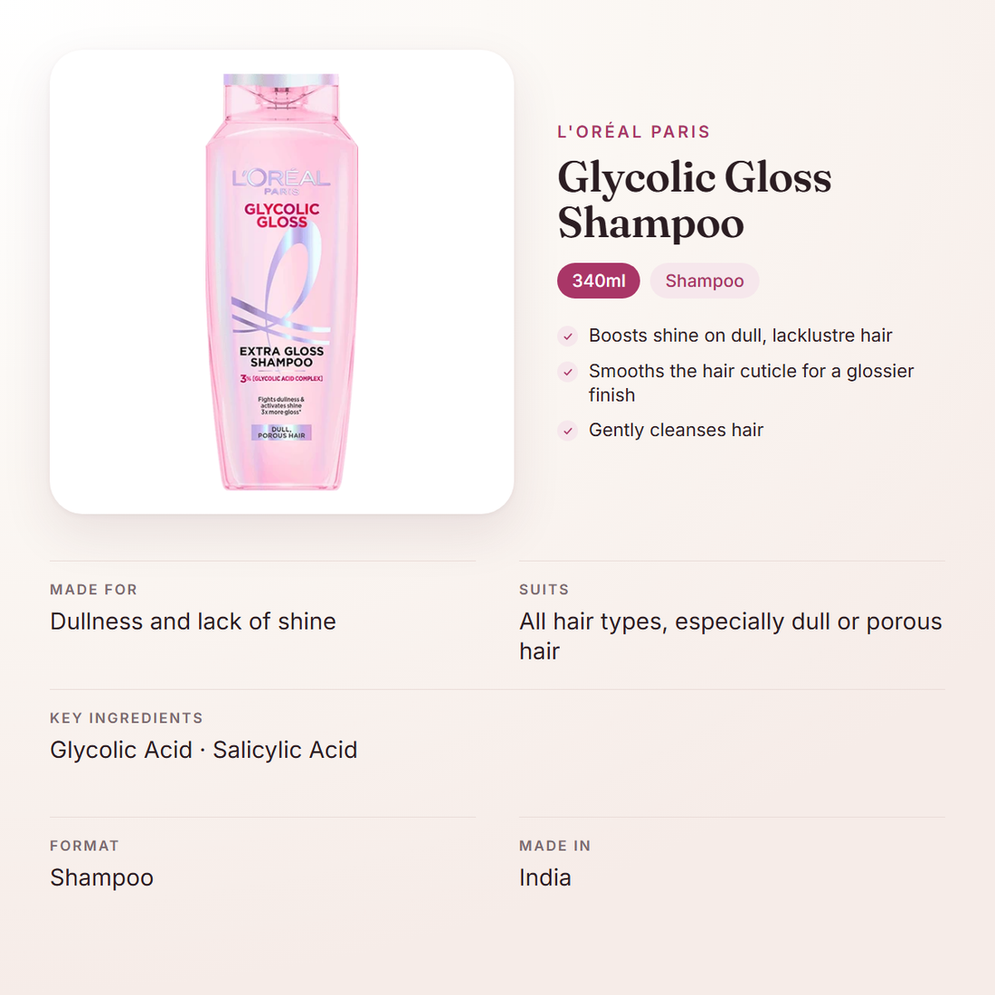 L'Oréal Paris Glycolic Gloss Shampoo (340ml) – at a glance: what it is for, who it suits and key ingredients