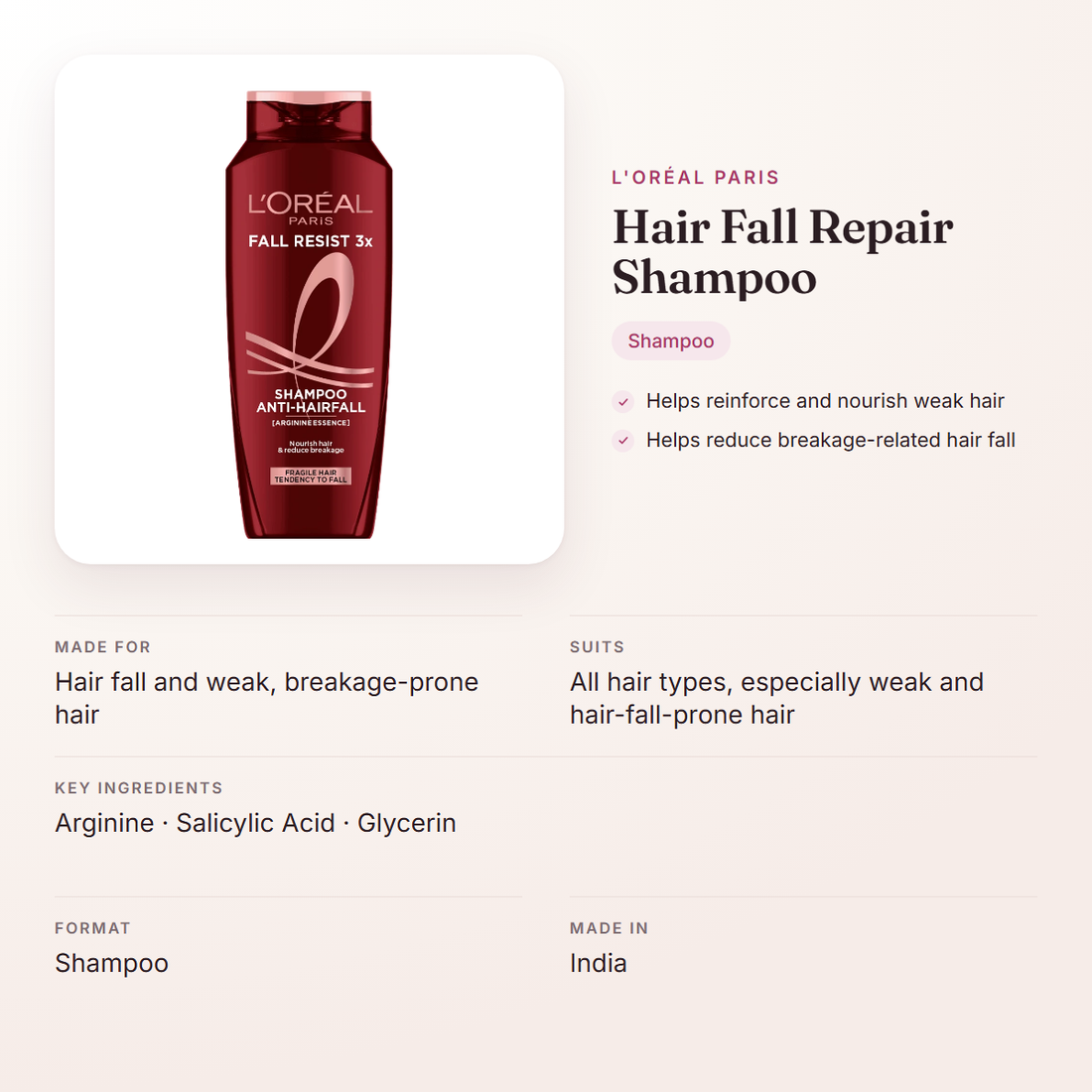 L'Oréal Paris Hair Fall Repair Shampoo – at a glance: what it is for, who it suits and key ingredients