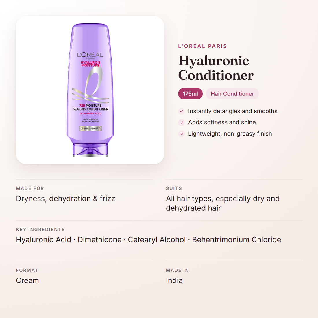 L'Oréal Paris Hyaluronic Conditioner (175ml) – at a glance: what it is for, who it suits and key ingredients