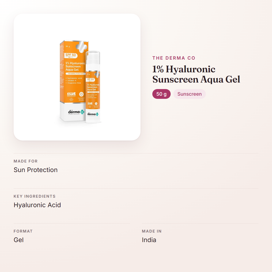 The Derma Co 1% Hyaluronic Sunscreen Aqua Gel (50 g) – at a glance: what it is for, who it suits and key ingredients