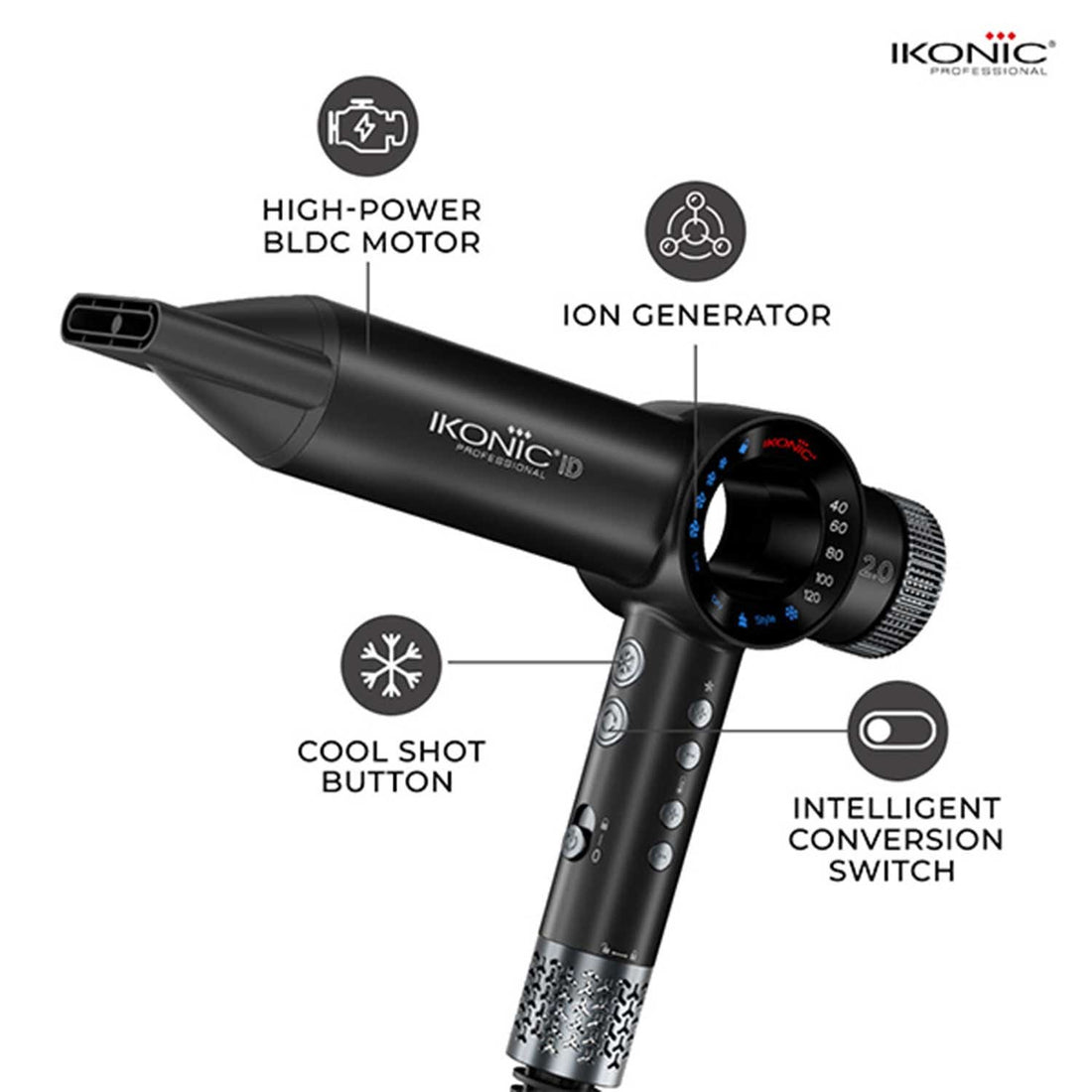 Ikonic Professional ID 2.0 BLDC Hair Dryer - Black & Metallic Silver – image 2