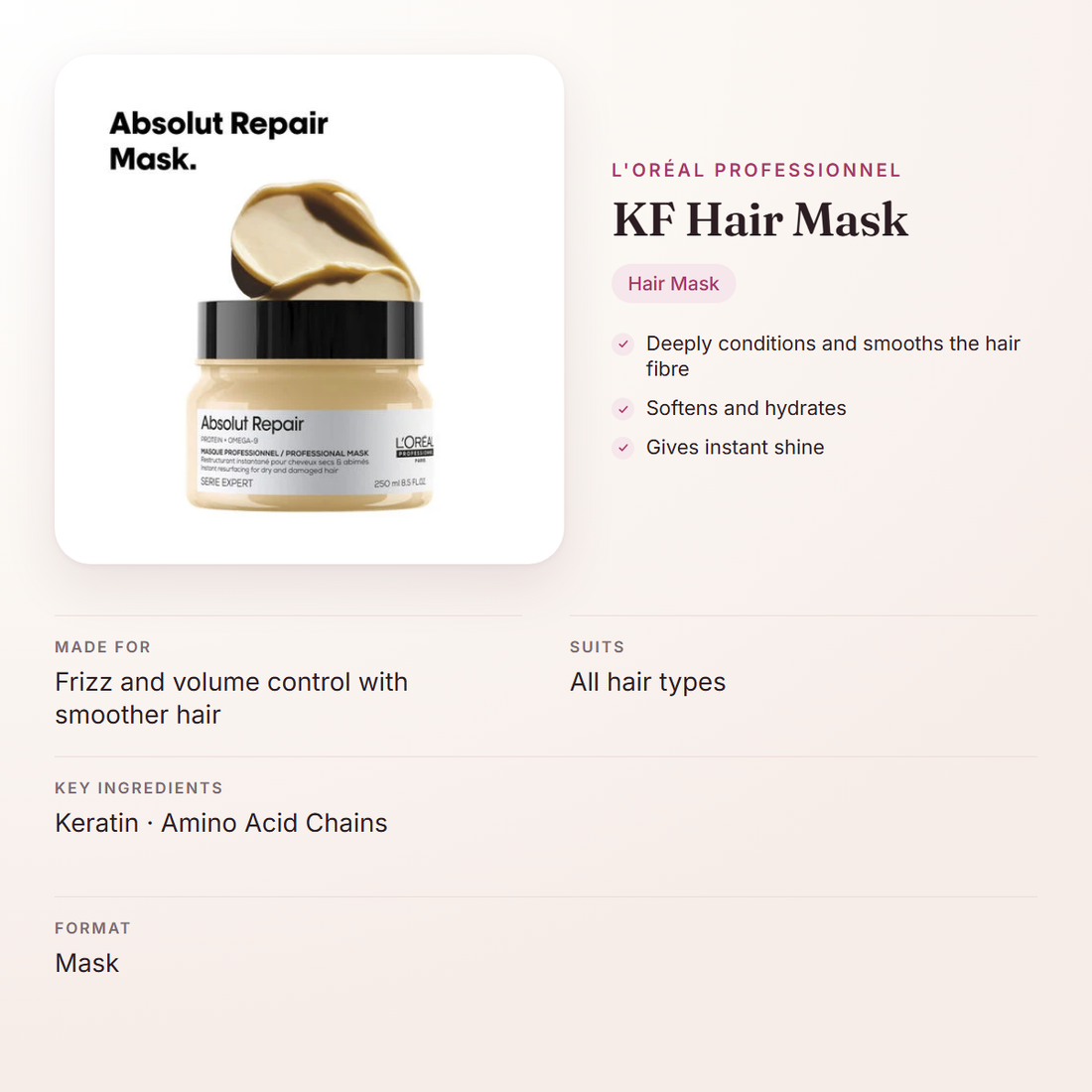 L'Oréal Professionnel KF Hair Mask – at a glance: what it is for, who it suits and key ingredients