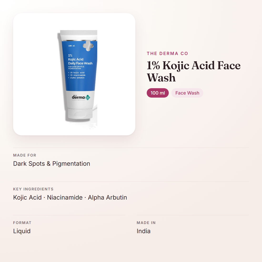 The Derma Co 1% Kojic Acid Face Wash (100 ml) – at a glance: what it is for, who it suits and key ingredients