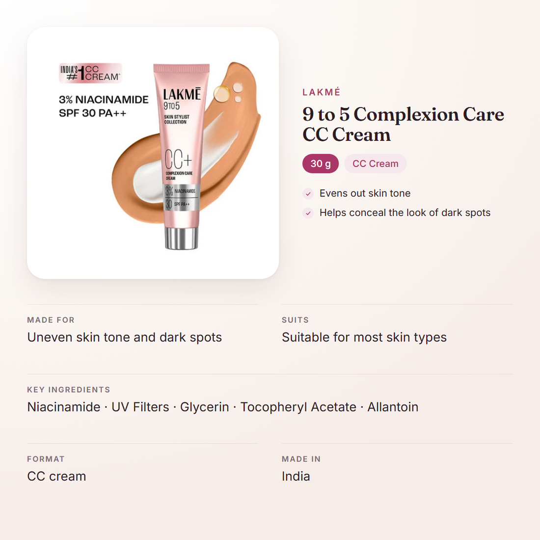 Lakmé 9 to 5 Complexion Care CC Cream (30 g) – at a glance: what it is for, who it suits and key ingredients