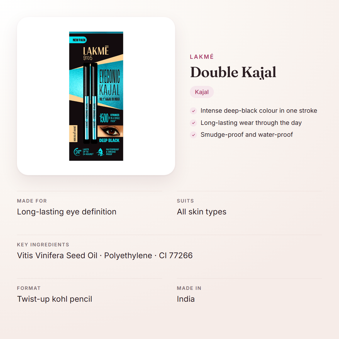 Lakmé Double Kajal – at a glance: what it is for, who it suits and key ingredients
