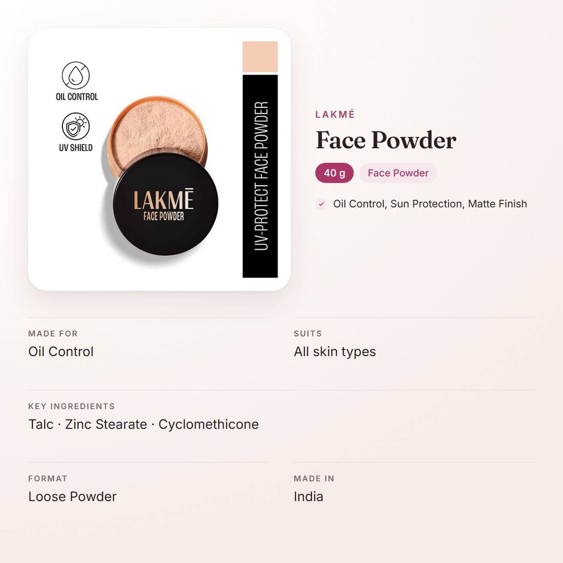 Lakmé Face Powder (40 g) – at a glance: what it is for, who it suits and key ingredients