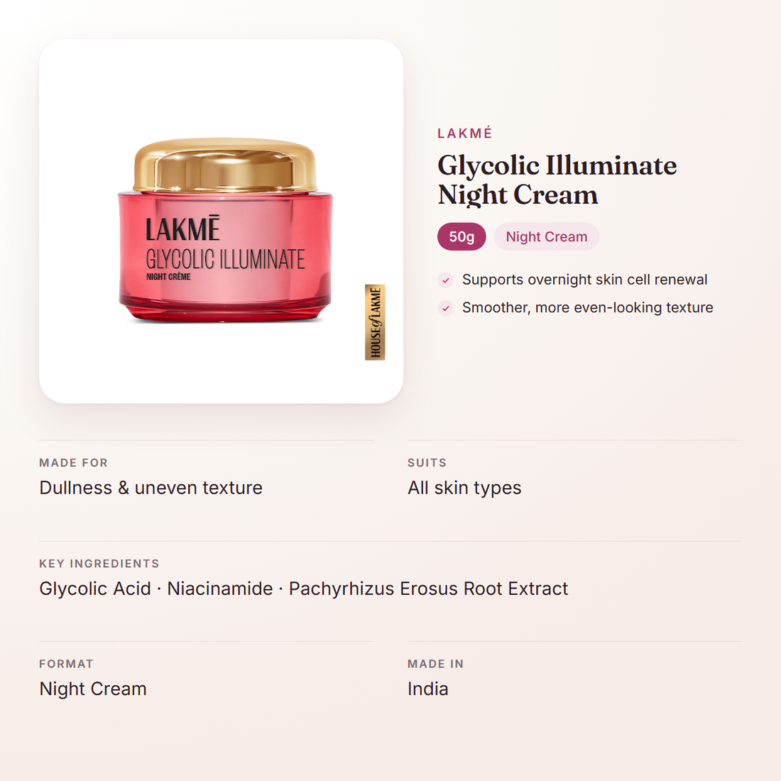 Lakmé Glycolic Illuminate Night Cream (50g) – at a glance: what it is for, who it suits and key ingredients