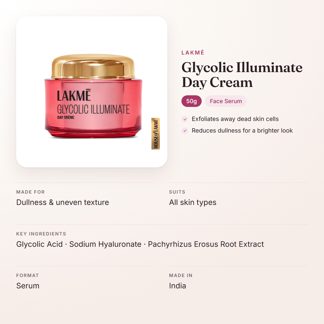 Lakmé Glycolic Illuminate Day Cream (50g) – at a glance: what it is for, who it suits and key ingredients