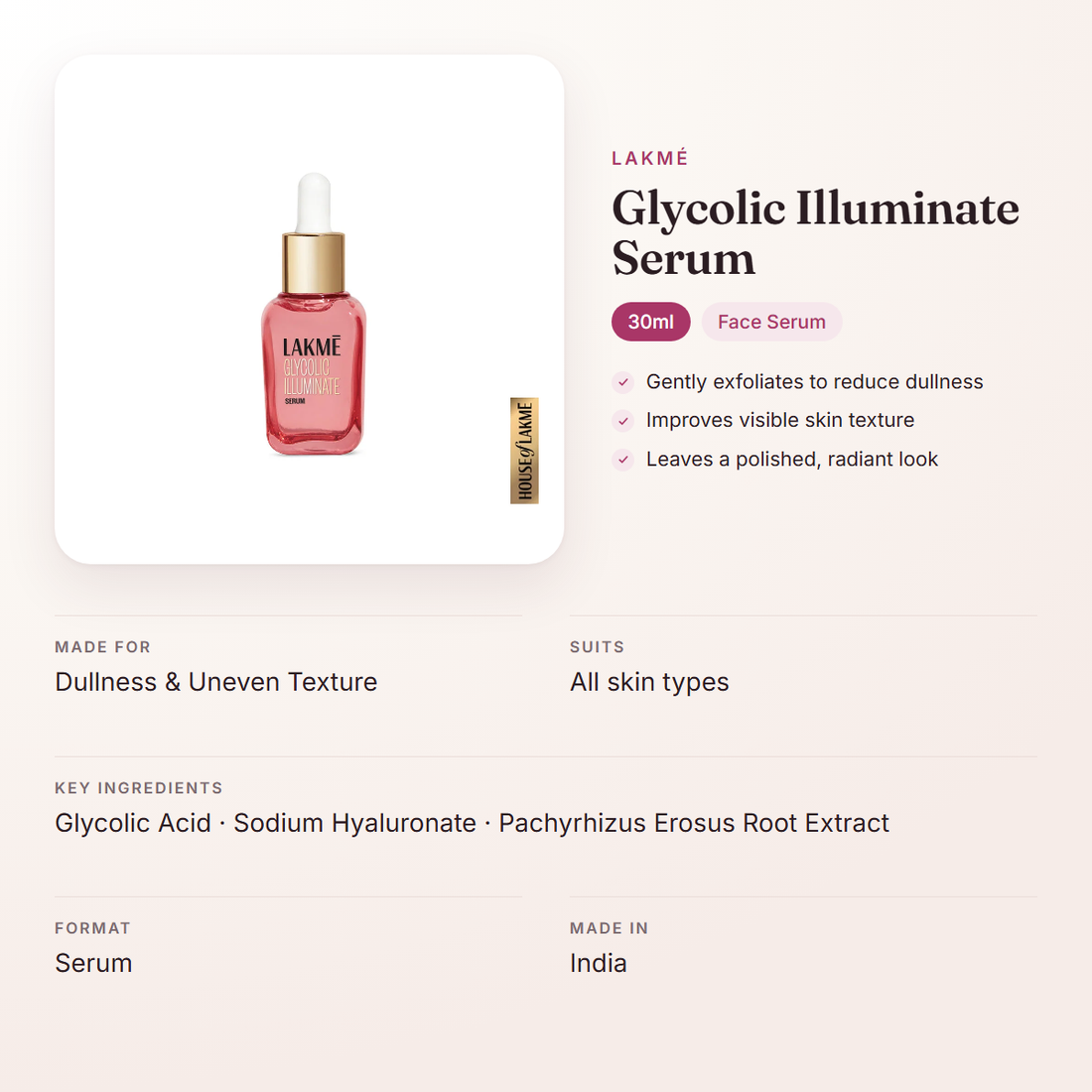 Lakmé Glycolic Illuminate Serum (30ml) – at a glance: what it is for, who it suits and key ingredients