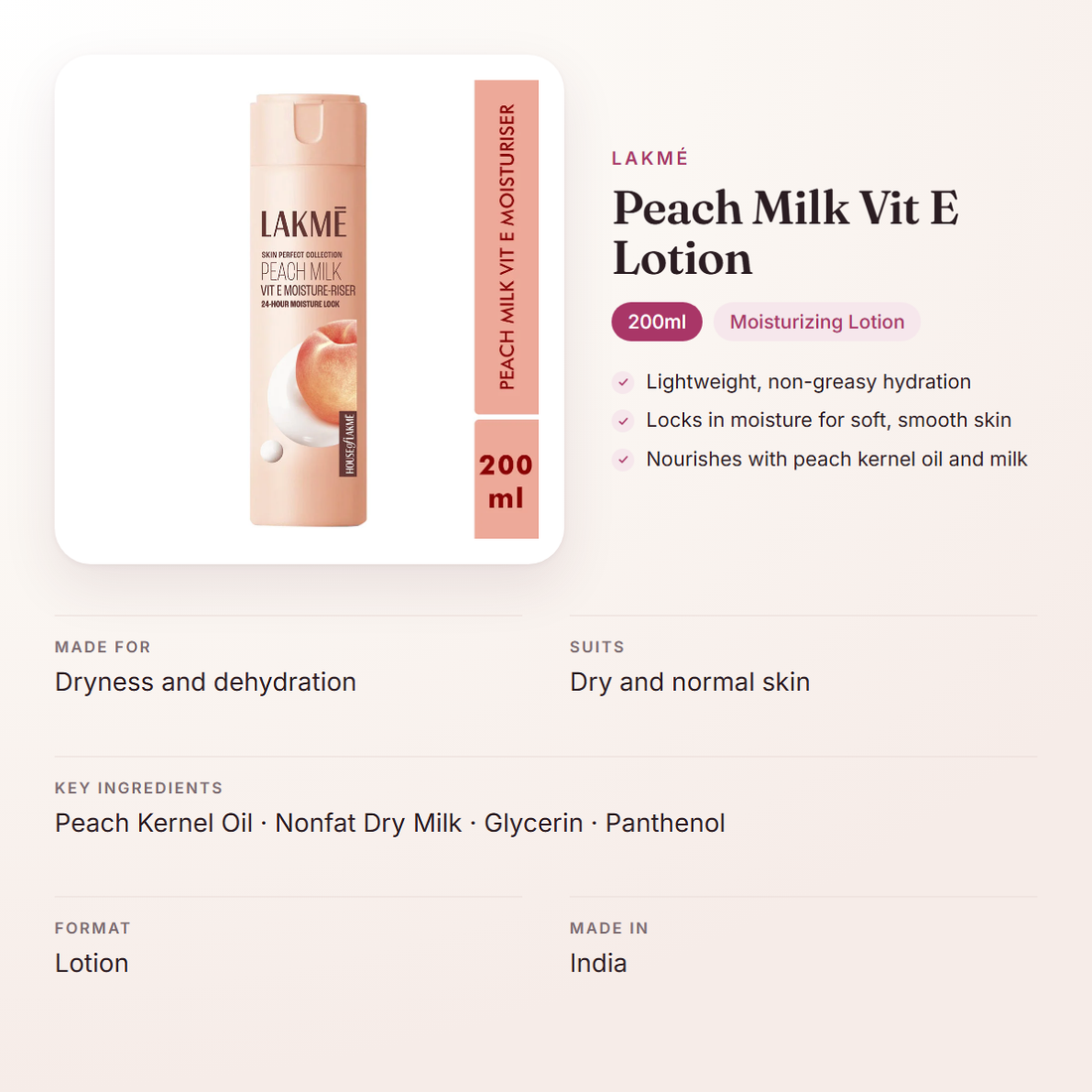 Lakmé Peach Milk Vit E Lotion (200ml) – at a glance: what it is for, who it suits and key ingredients