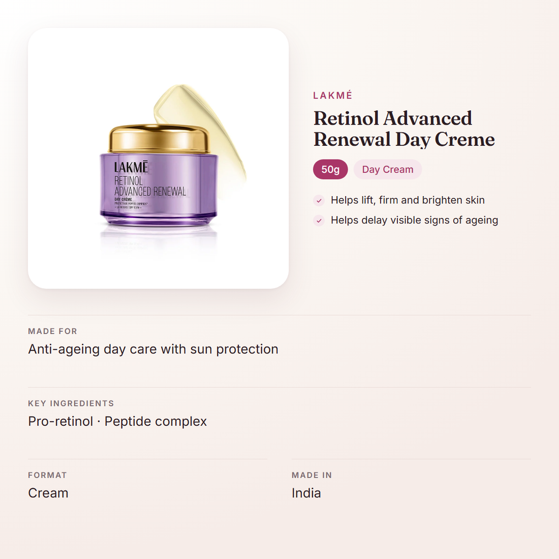 Lakmé Retinol Advanced Renewal Day Creme (50g) – at a glance: what it is for, who it suits and key ingredients