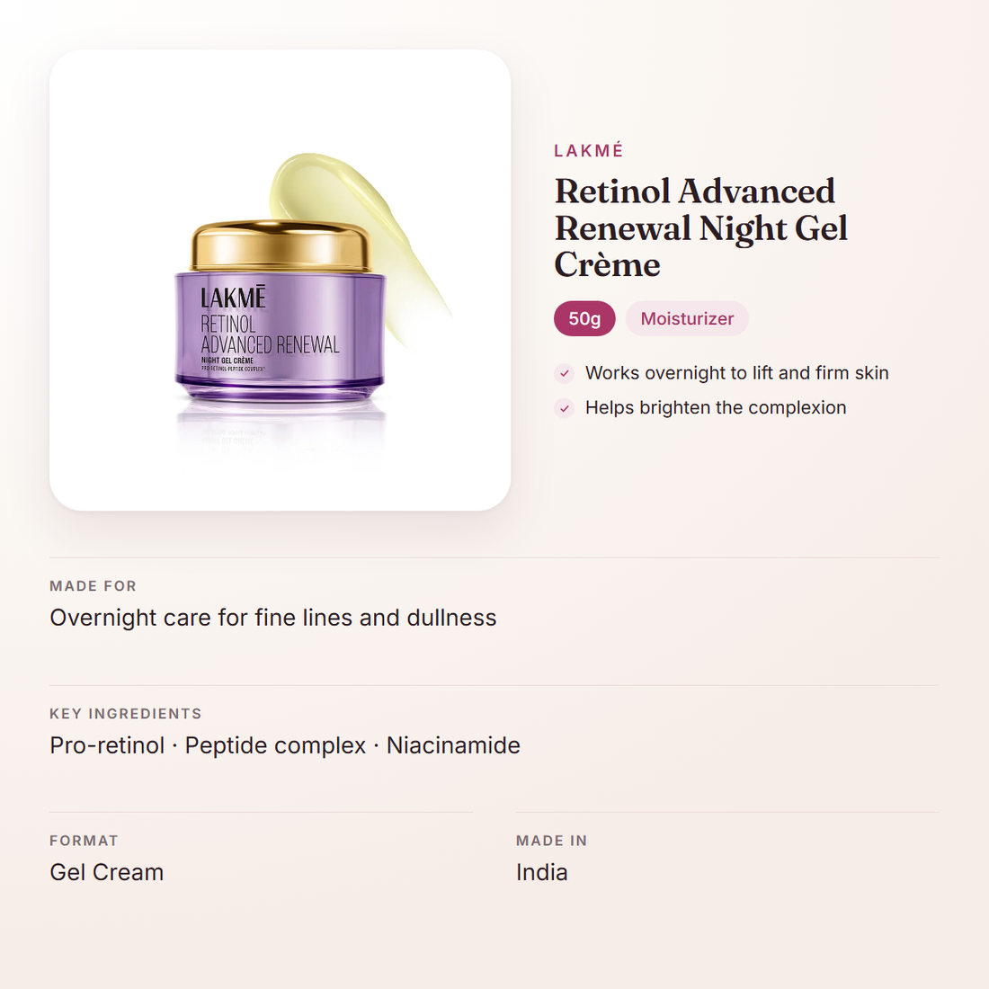 Lakmé Retinol Advanced Renewal Night Gel Crème (50g) – at a glance: what it is for, who it suits and key ingredients