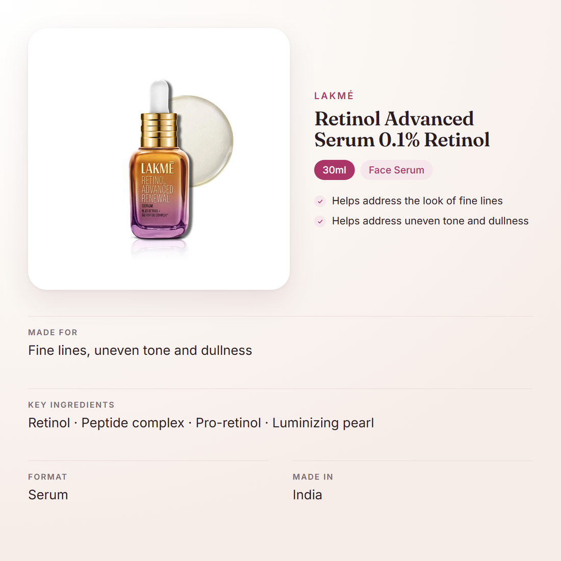 Lakmé Retinol Advanced Serum 0.1% Retinol (30ml) – at a glance: what it is for, who it suits and key ingredients