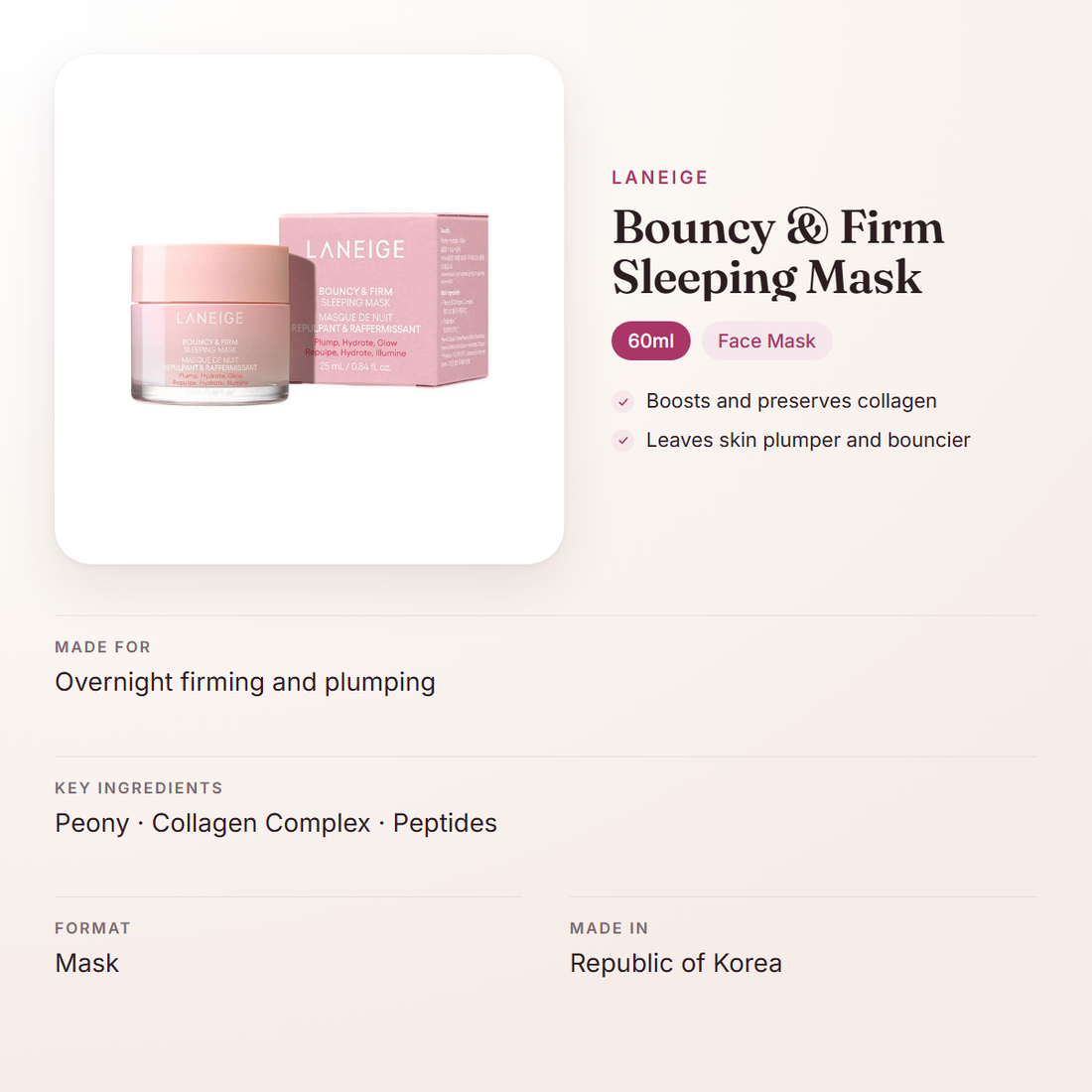 LANEIGE Bouncy & Firm Sleeping Mask (60ml) – at a glance: what it is for, who it suits and key ingredients