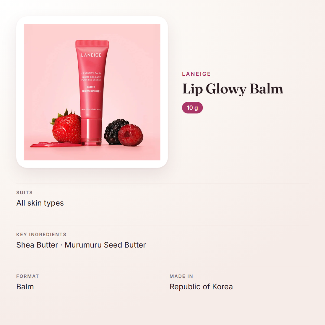 LANEIGE Lip Glowy Balm (10 g) – at a glance: what it is for, who it suits and key ingredients