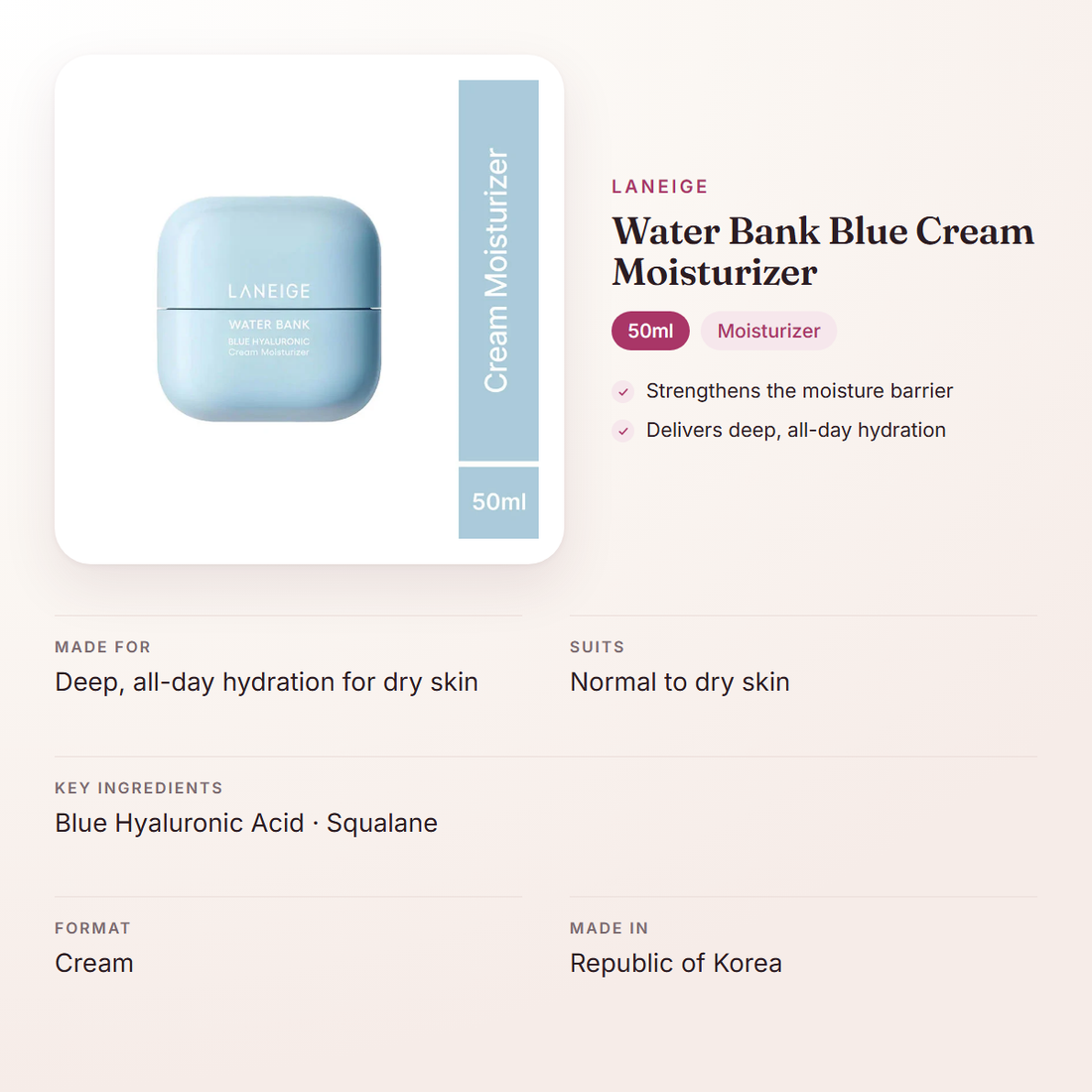 LANEIGE Water Bank Blue Cream Moisturizer (50ml) – at a glance: what it is for, who it suits and key ingredients