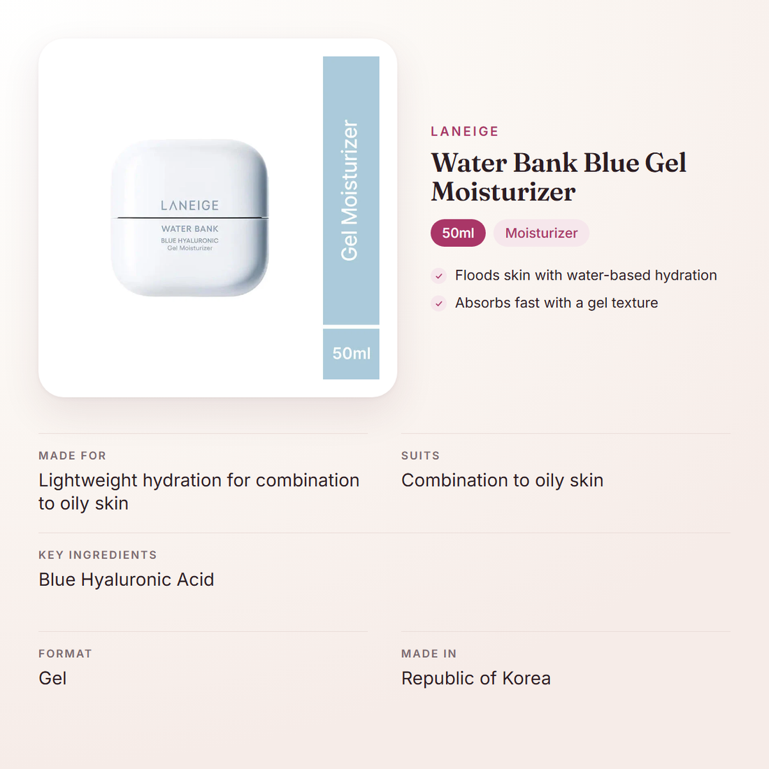 LANEIGE Water Bank Blue Gel Moisturizer (50ml) – at a glance: what it is for, who it suits and key ingredients