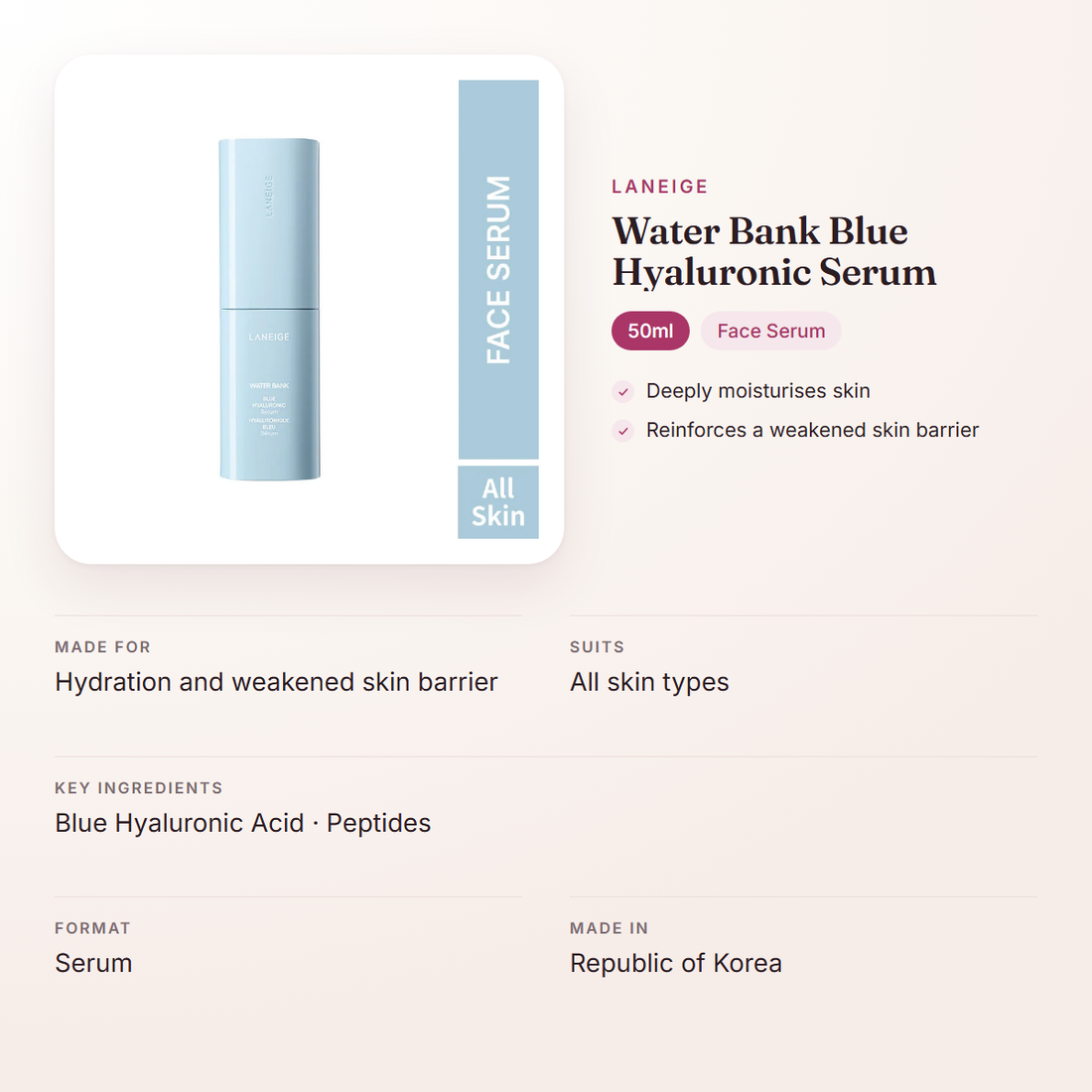 LANEIGE Water Bank Blue Hyaluronic Serum (50ml) – at a glance: what it is for, who it suits and key ingredients