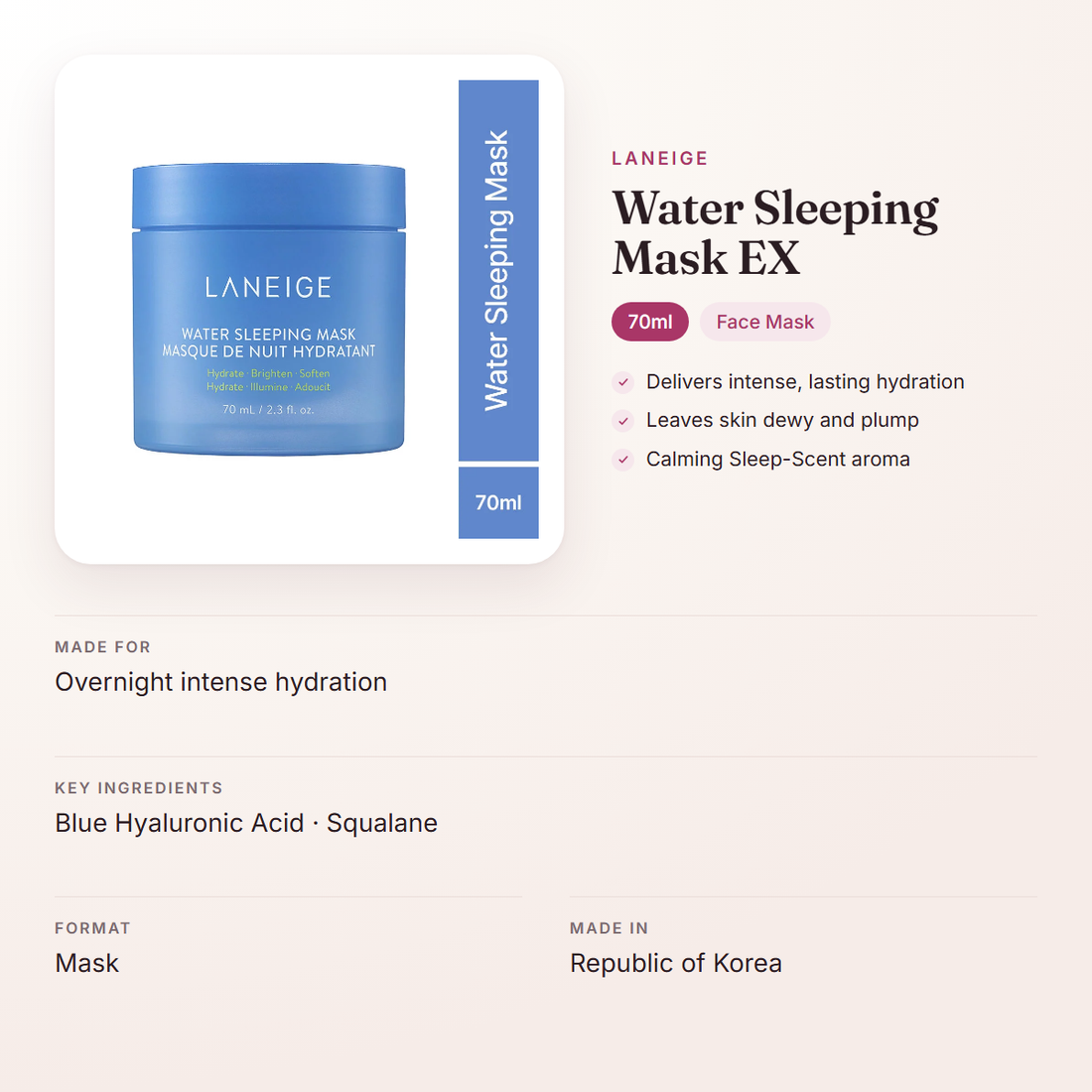 LANEIGE Water Sleeping Mask EX (70ml) – at a glance: what it is for, who it suits and key ingredients