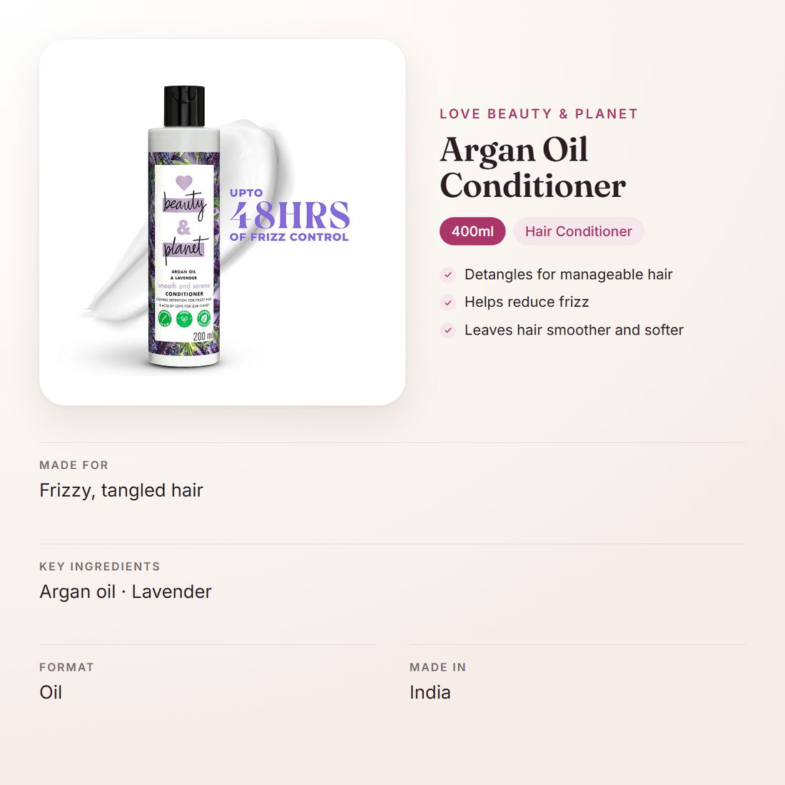Love Beauty & Planet Argan Oil Conditioner (400ml) – at a glance: what it is for, who it suits and key ingredients