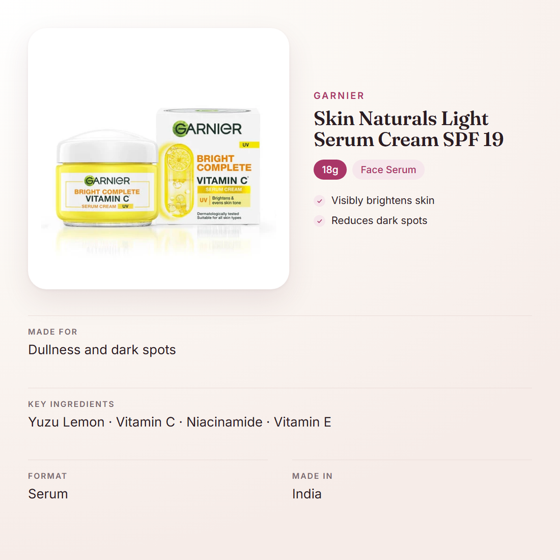 Garnier Skin Naturals Light Serum Cream SPF 19 (18g) – at a glance: what it is for, who it suits and key ingredients