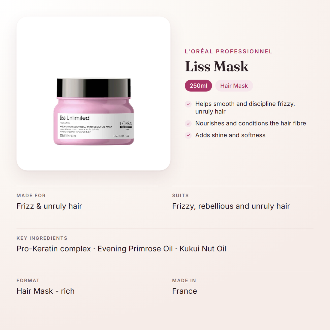 L'Oréal Professionnel Liss Mask (250ml) – at a glance: what it is for, who it suits and key ingredients