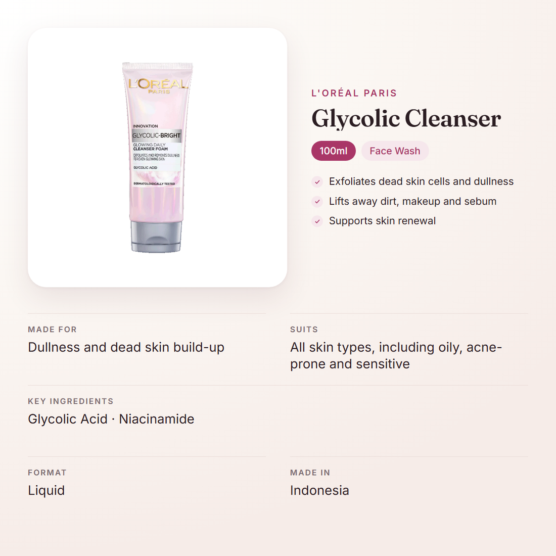 L'Oréal Paris Glycolic Cleanser (100ml) – at a glance: what it is for, who it suits and key ingredients