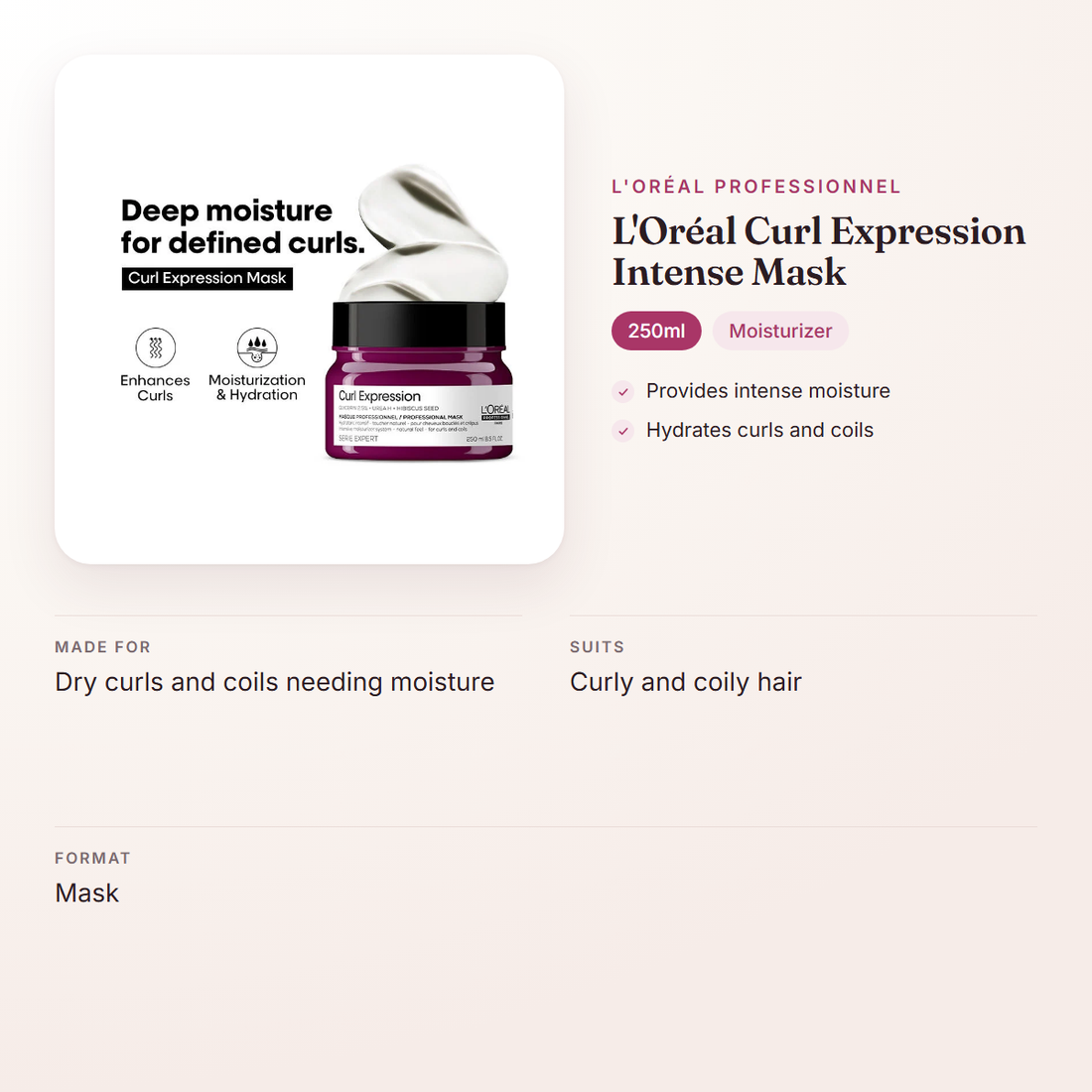 L'Oréal Professionnel L'Oréal Curl Expression Intense Mask (250ml) – at a glance: what it is for, who it suits and key ingredients