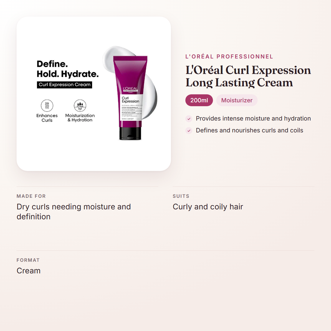 L'Oréal Professionnel L'Oréal Curl Expression Long Lasting Cream (200ml) – at a glance: what it is for, who it suits and key ingredients