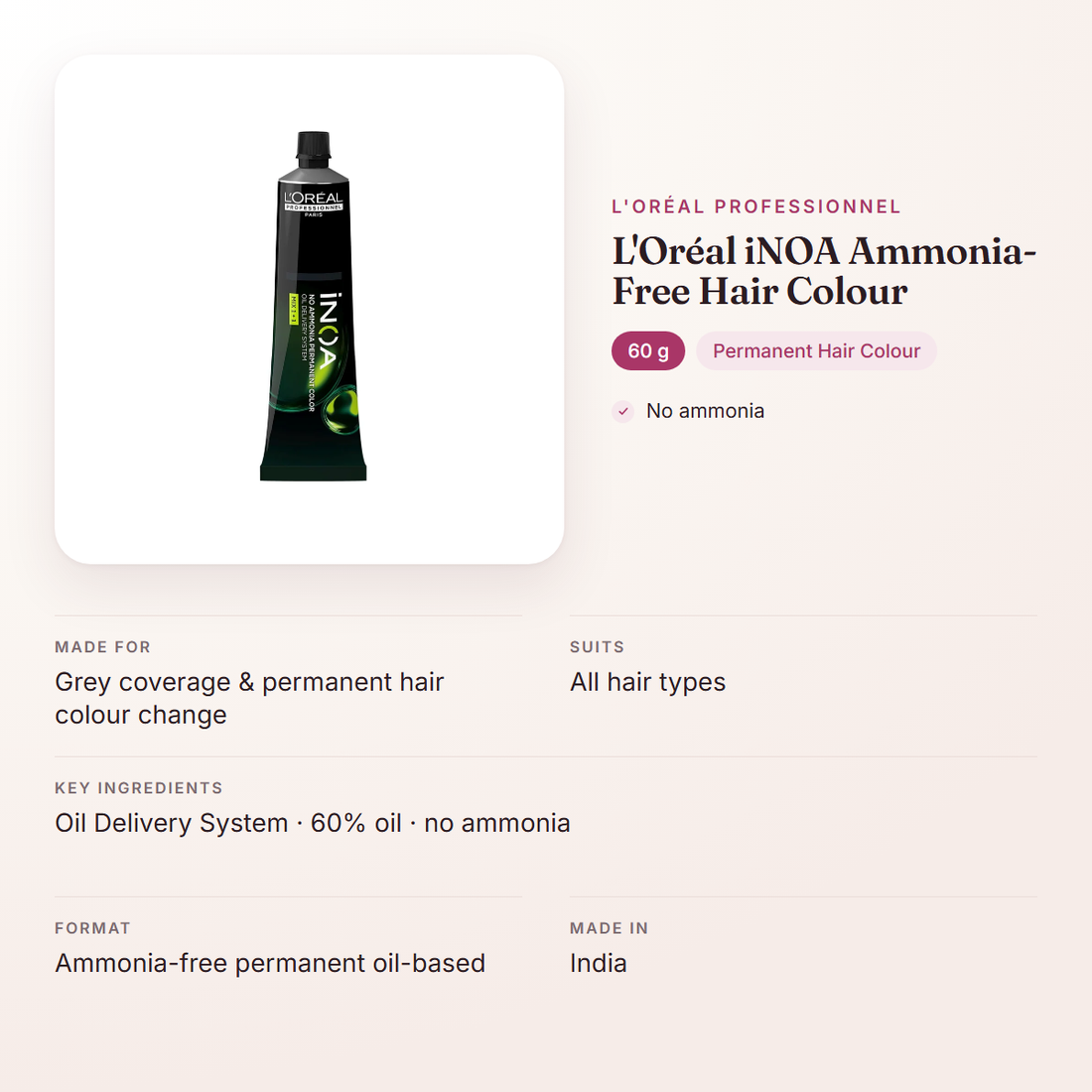 L'Oréal Professionnel L'Oréal iNOA Ammonia-Free Hair Colour (60 g) – at a glance: what it is for, who it suits and key ingredients