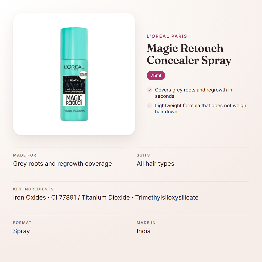 L'Oréal Paris Magic Retouch Concealer Spray (75ml) – at a glance: what it is for, who it suits and key ingredients