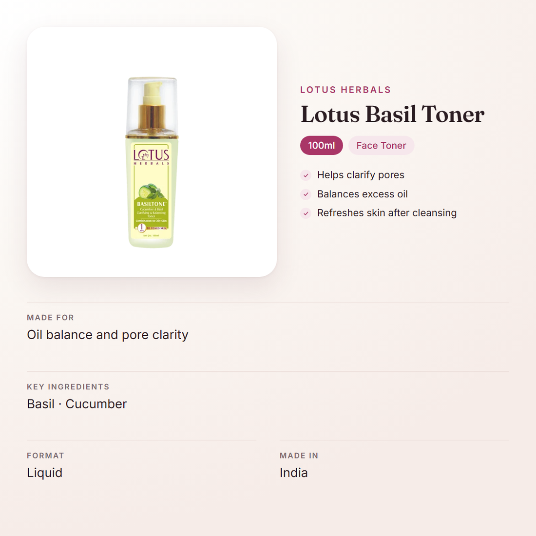 Lotus Herbals Lotus Basil Toner (100ml) – at a glance: what it is for, who it suits and key ingredients