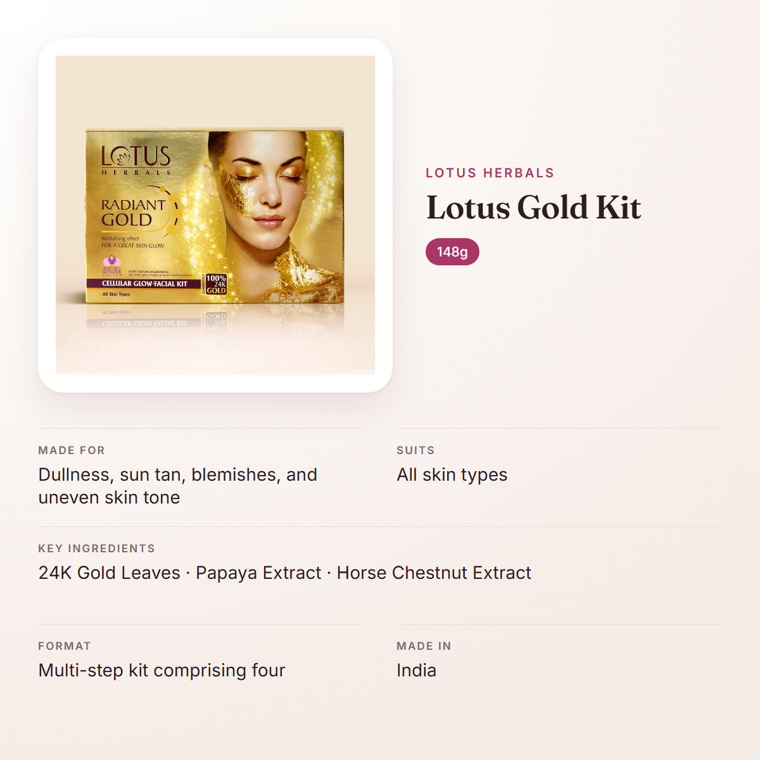 Lotus Herbals Lotus Gold Kit (148g) – at a glance: what it is for, who it suits and key ingredients