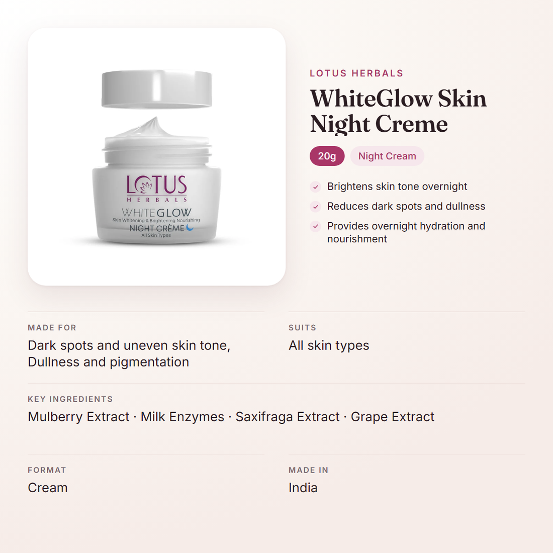 Lotus Herbals WhiteGlow Skin Night Creme (20g) – at a glance: what it is for, who it suits and key ingredients
