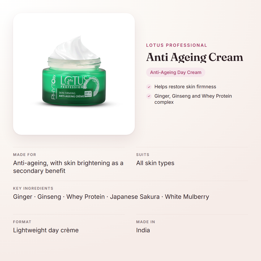 Lotus Professional Anti Ageing Cream – at a glance: what it is for, who it suits and key ingredients