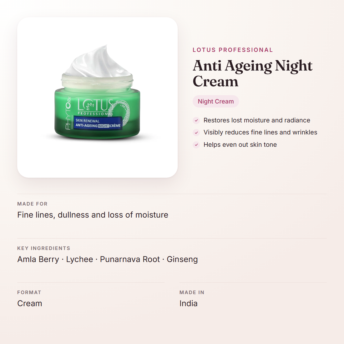 Lotus Professional Anti Ageing Night Cream – at a glance: what it is for, who it suits and key ingredients