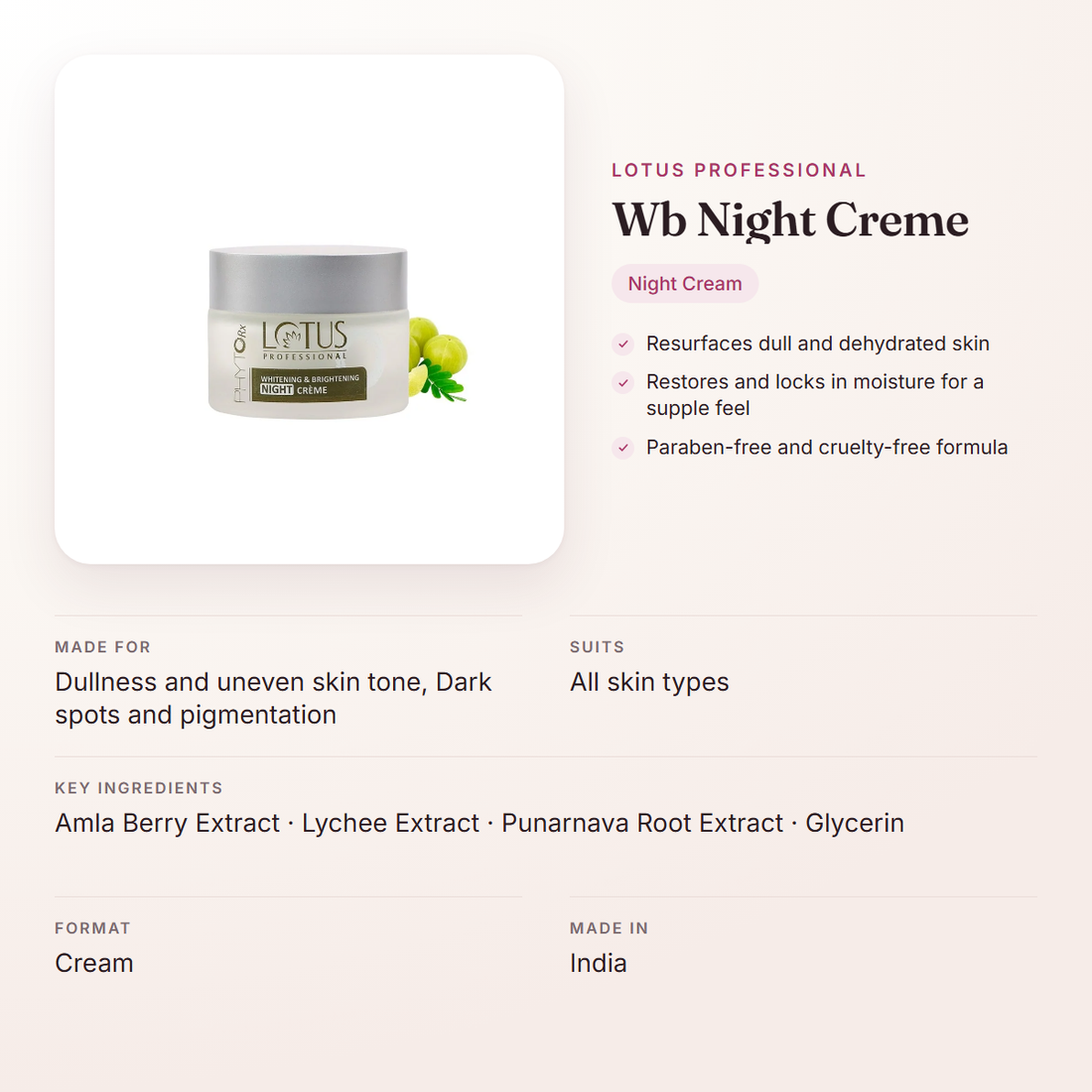 Lotus Professional Wb Night Creme – at a glance: what it is for, who it suits and key ingredients