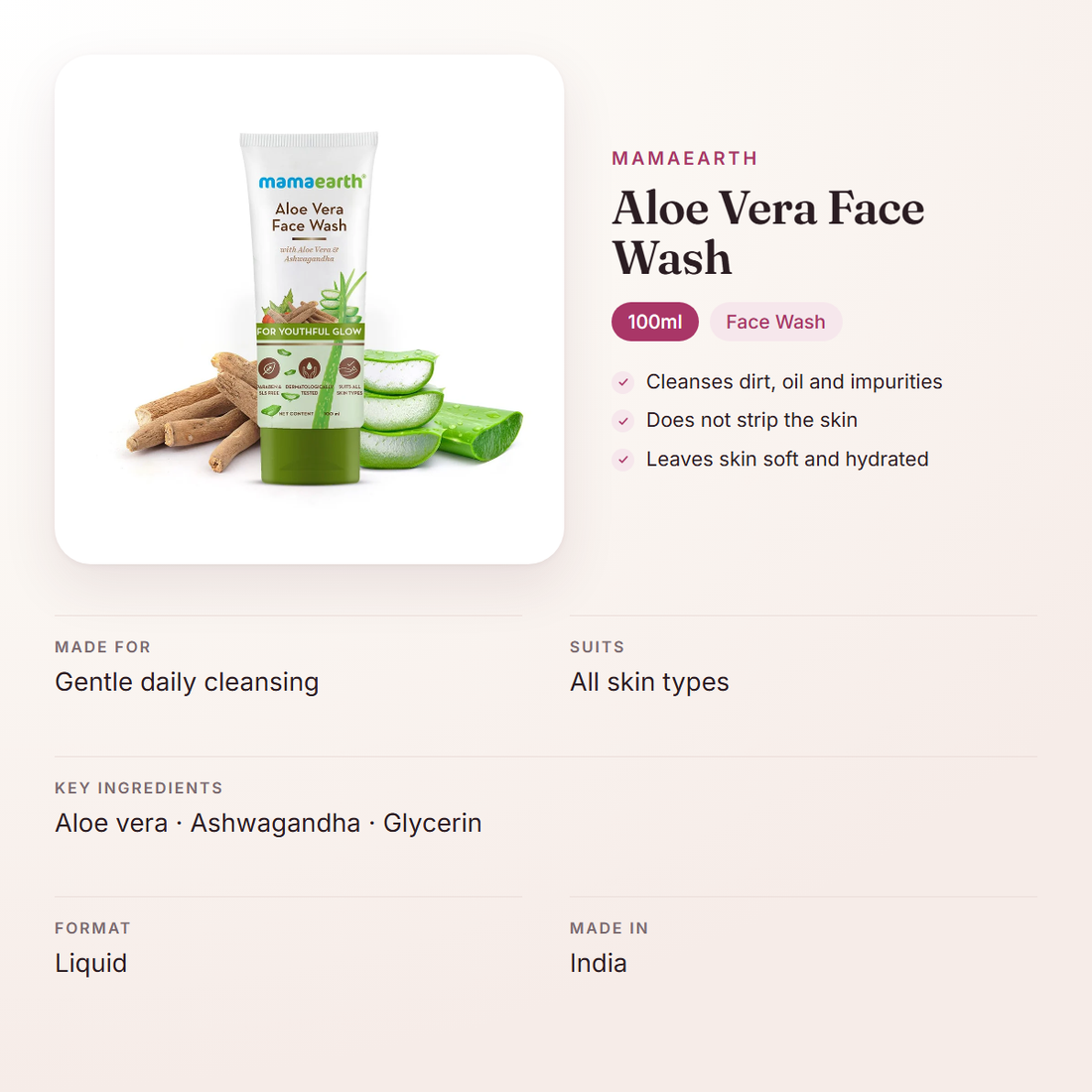 Mamaearth Aloe Vera Face Wash (100ml) – at a glance: what it is for, who it suits and key ingredients