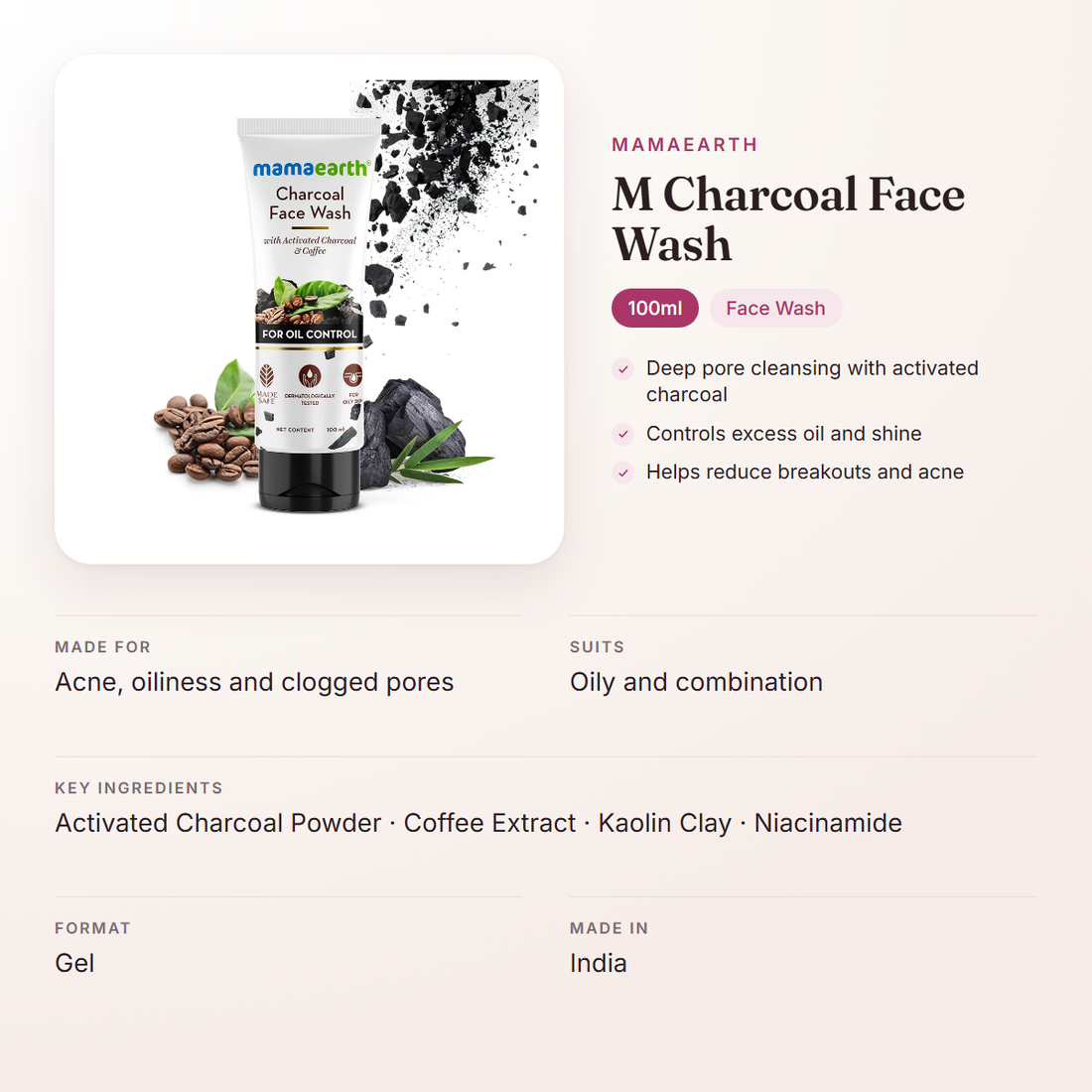 Mamaearth M Charcoal Face Wash (100ml) – at a glance: what it is for, who it suits and key ingredients