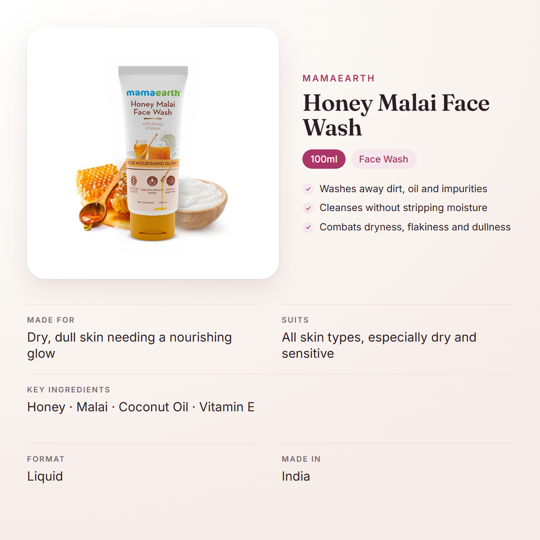 Mamaearth Honey Malai Face Wash (100ml) – at a glance: what it is for, who it suits and key ingredients