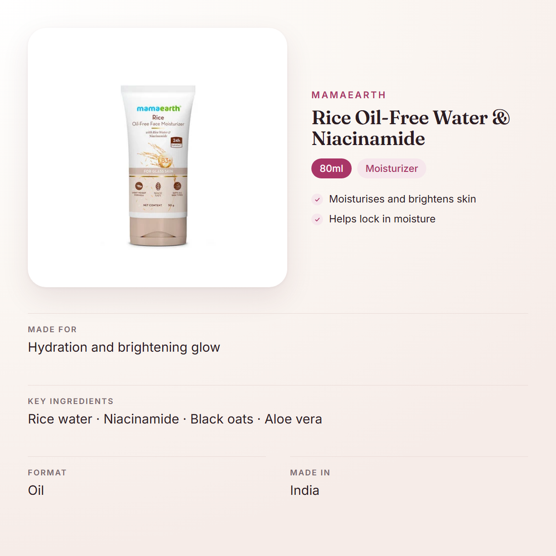 Mamaearth Rice Oil-Free Water & Niacinamide (80ml) – at a glance: what it is for, who it suits and key ingredients