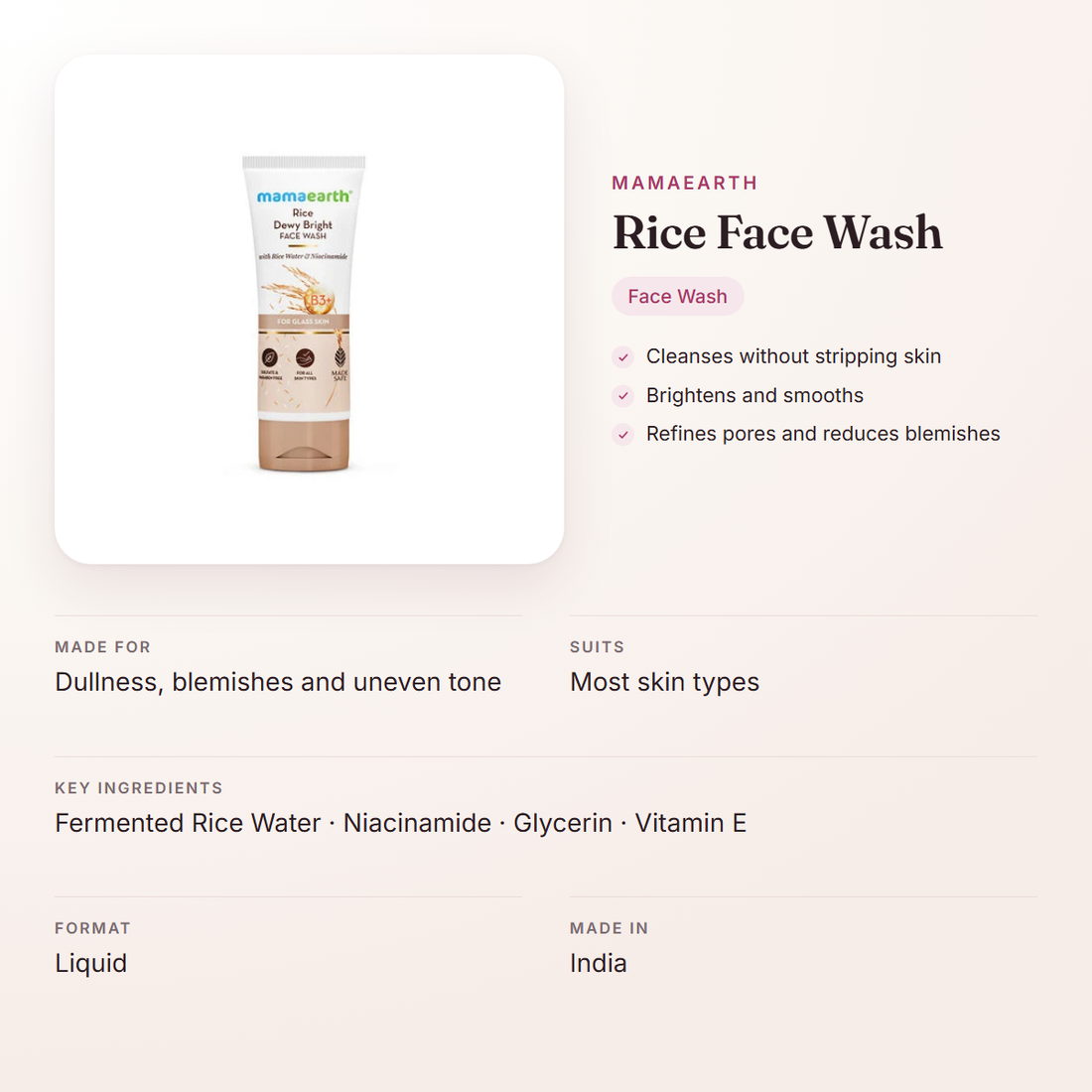 Mamaearth Rice Face Wash – at a glance: what it is for, who it suits and key ingredients