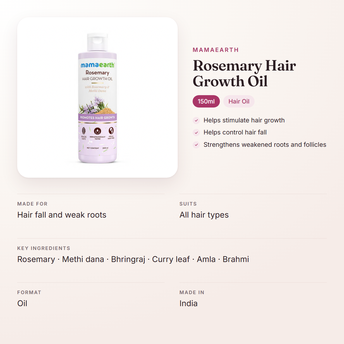Mamaearth Rosemary Hair Growth Oil (150ml) – at a glance: what it is for, who it suits and key ingredients