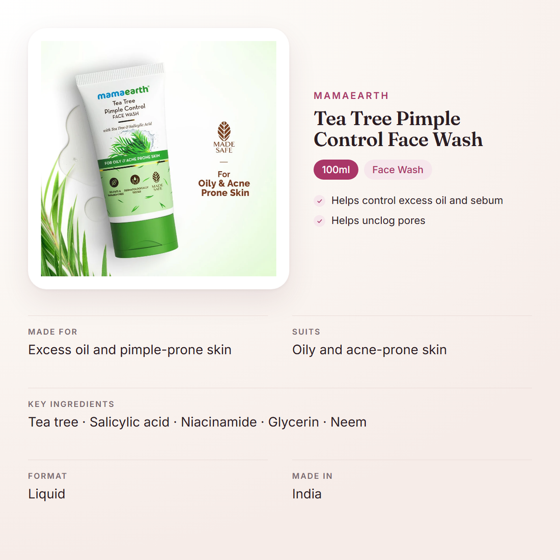 Mamaearth Tea Tree Pimple Control Face Wash (100ml) – at a glance: what it is for, who it suits and key ingredients
