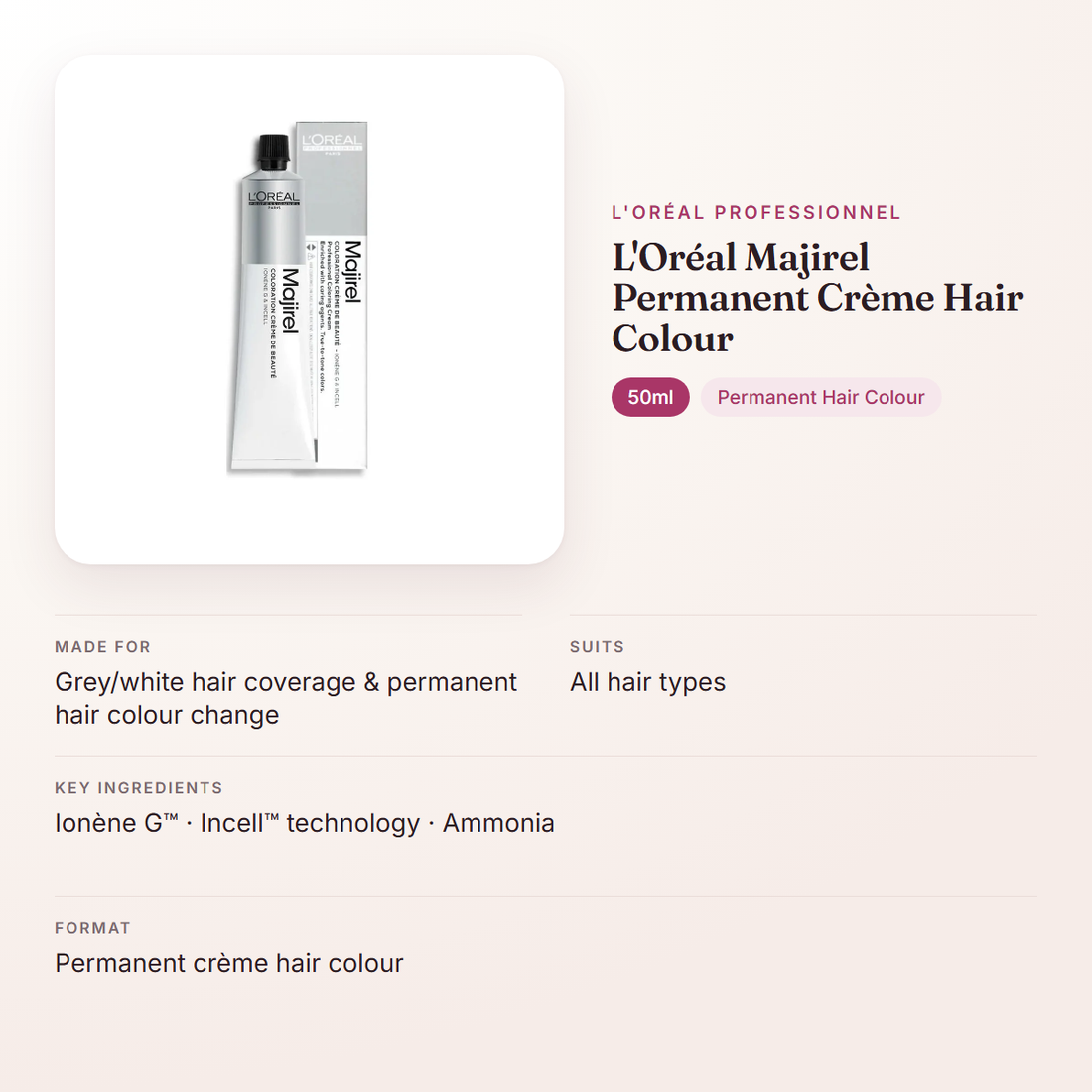 L'Oréal Professionnel L'Oréal Majirel Permanent Crème Hair Colour (50ml) – at a glance: what it is for, who it suits and key ingredients
