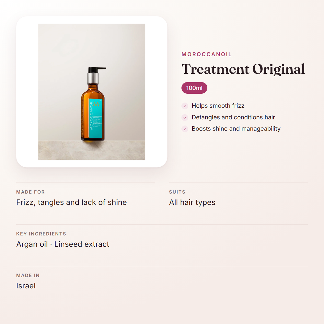 Moroccanoil Treatment Original (100ml) – at a glance: what it is for, who it suits and key ingredients