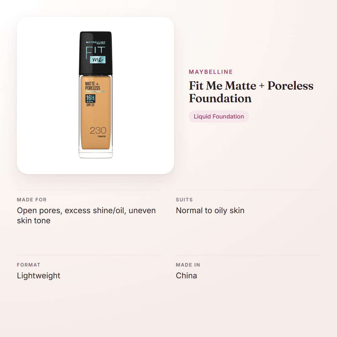 Maybelline Fit Me Matte + Poreless Foundation – at a glance: what it is for, who it suits and key ingredients